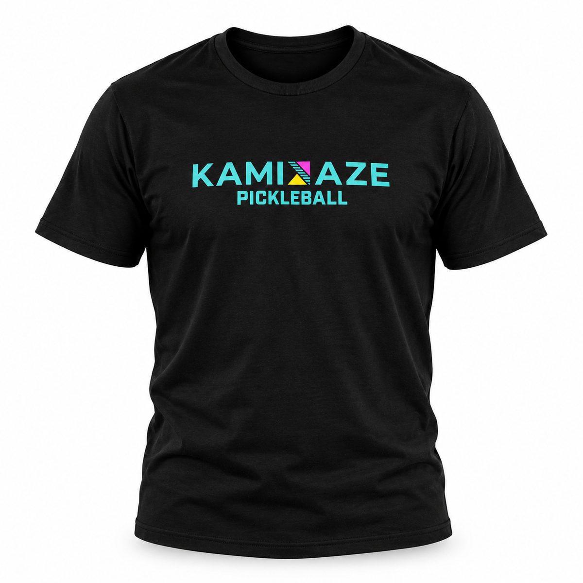A black short-sleeve crewneck t-shirt featuring a colorful graphic on the chest that reads 'KAMIKAZE PICKLEBALL' in teal and pink, displayed on a clean white background.