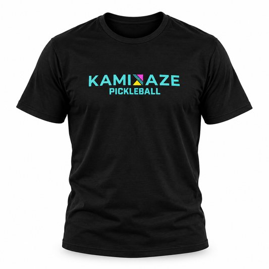 A black short-sleeve crewneck t-shirt featuring a colorful graphic on the chest that reads 'KAMIKAZE PICKLEBALL' in teal and pink, displayed on a clean white background.