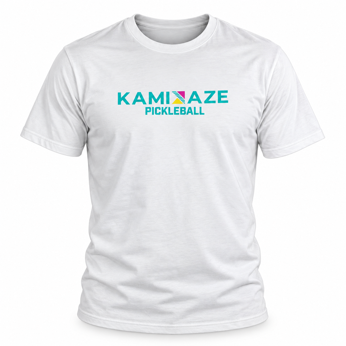 A white short-sleeve crewneck t-shirt featuring the text 'KAMIKAZE PICKLEBALL' printed on the chest in teal and a small multicolor geometric accent.