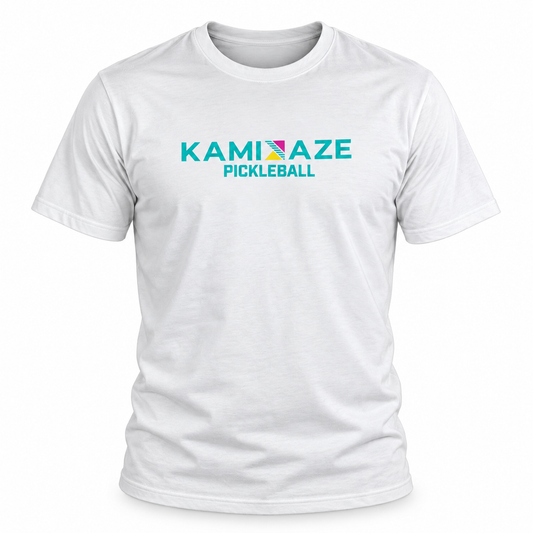 A white short-sleeve crewneck t-shirt featuring the text 'KAMIKAZE PICKLEBALL' printed on the chest in teal and a small multicolor geometric accent.