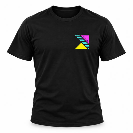 A black short-sleeve crewneck t-shirt featuring a small geometric chest graphic on the left side. The graphic consists of a pink square with diagonal black stripes, a yellow triangle, and a cyan diagonal stripe pattern