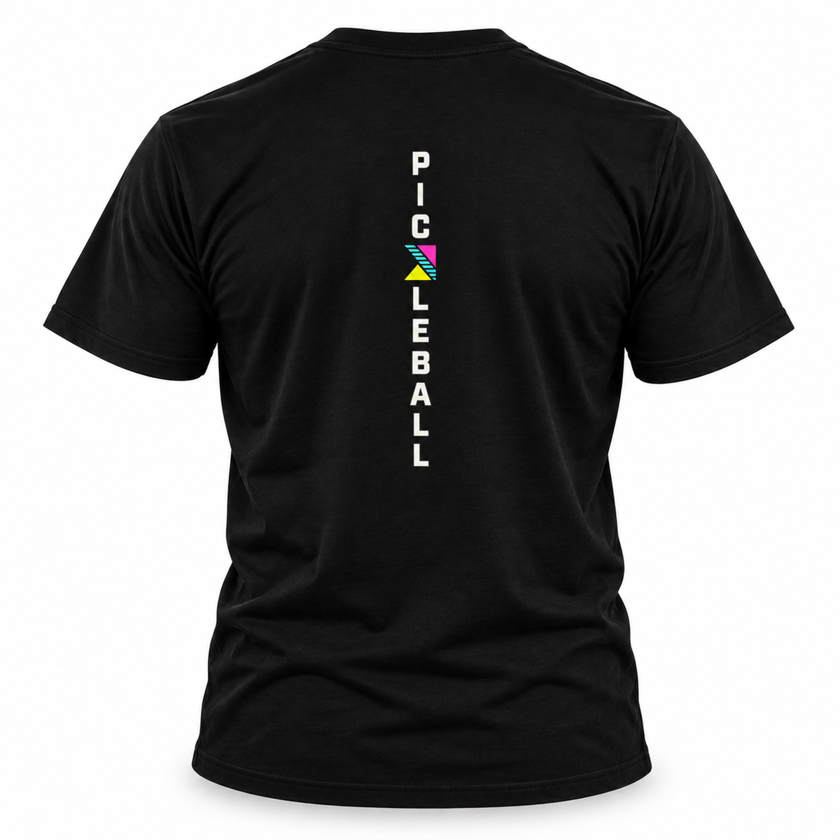 A black short-sleeve t-shirt shown from the back, featuring a vertical white 'Pickleball' text graphic with a colorful geometric logo in the center, set against a plain white background.
