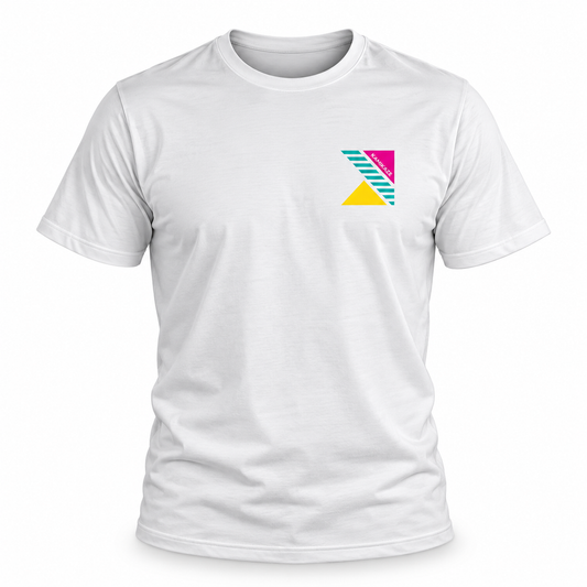 A white short-sleeve crewneck t-shirt with a small geometric graphic on the left chest. The graphic features a stylized kamikaze logo composed of teal diagonal stripes, a pink triangle, and a yellow triangle.