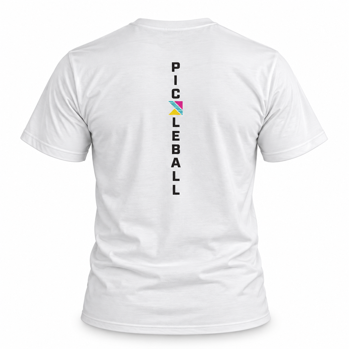 White short-sleeve t-shirt shown from the back, featuring a vertical graphic print that reads 'Pickleball' in black letters with a colorful geometric 'K' in the center.