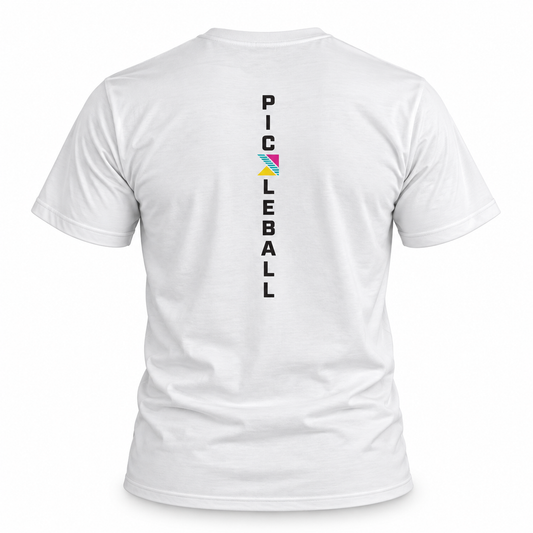 White short-sleeve t-shirt shown from the back, featuring a vertical graphic print that reads 'Pickleball' in black letters with a colorful geometric 'K' in the center.