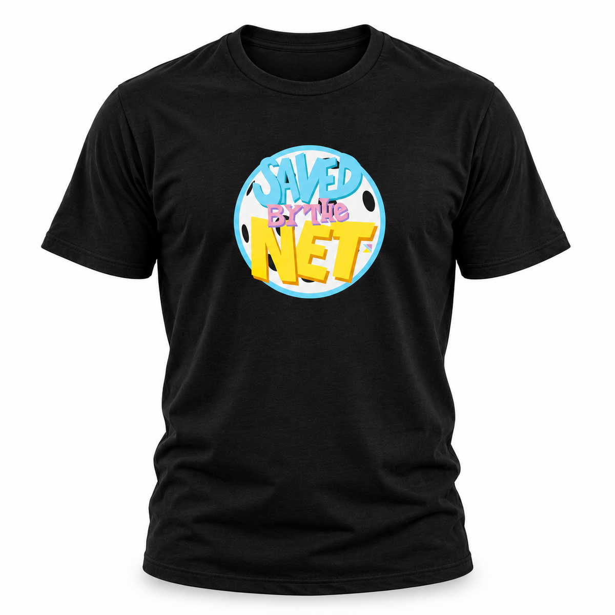 A black short-sleeve crewneck t-shirt featuring a colorful retro-style circular graphic on the chest that reads 'SAVED BY THE NET' in blue, yellow, and pink lettering.