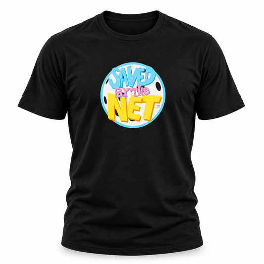 A black short-sleeve crewneck t-shirt featuring a colorful retro-style circular graphic on the chest that reads 'SAVED BY THE NET' in blue, yellow, and pink lettering.
